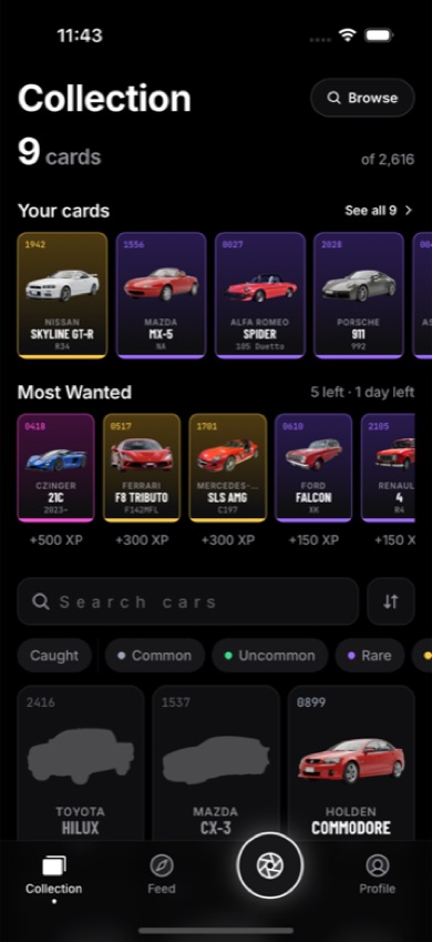 The collection screen with cards and the weekly Most Wanted list