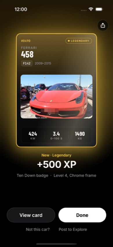 A Legendary Ferrari 458 card revealed, worth 500 XP